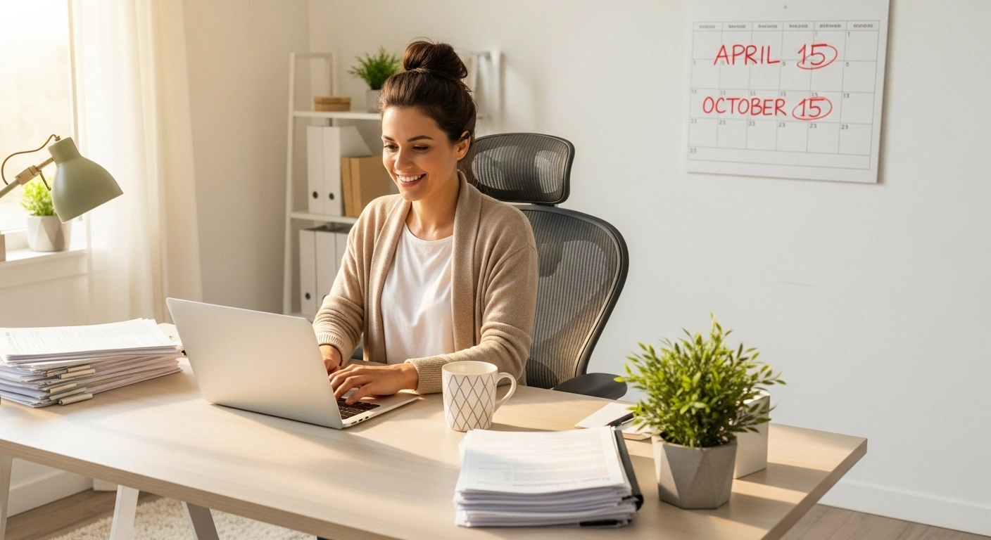 Freelance Tax Management – freelancer working with organized tax forms, laptop, and coffee in a bright home office
