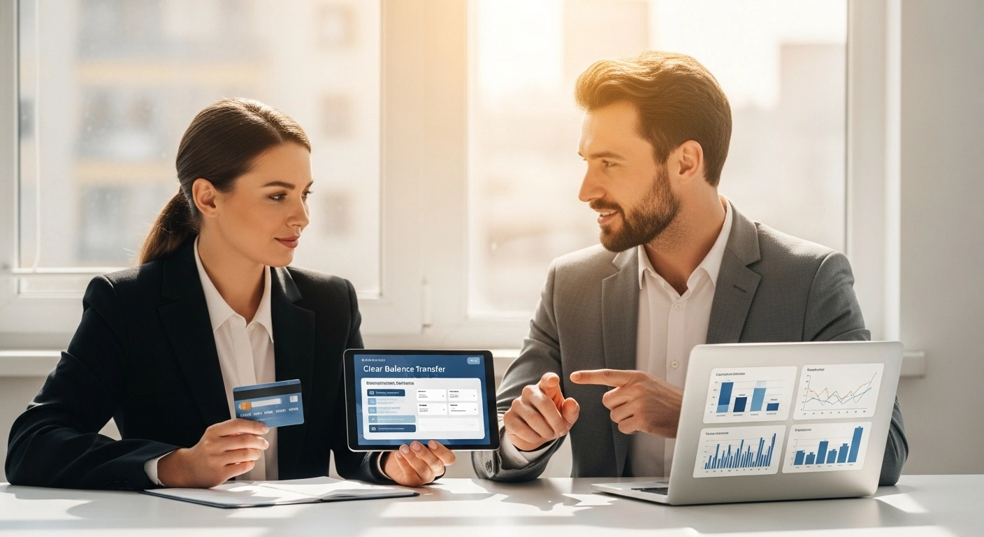 Elegant professional couple reviewing balance transfer strategy on tablet and laptop to reduce credit card debt