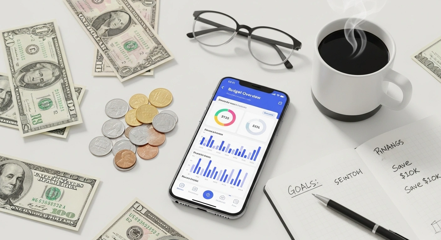 The Best Apps to Manage Your Finances in 2025 – smartphone with finance app, charts, and budgeting tools on a desk