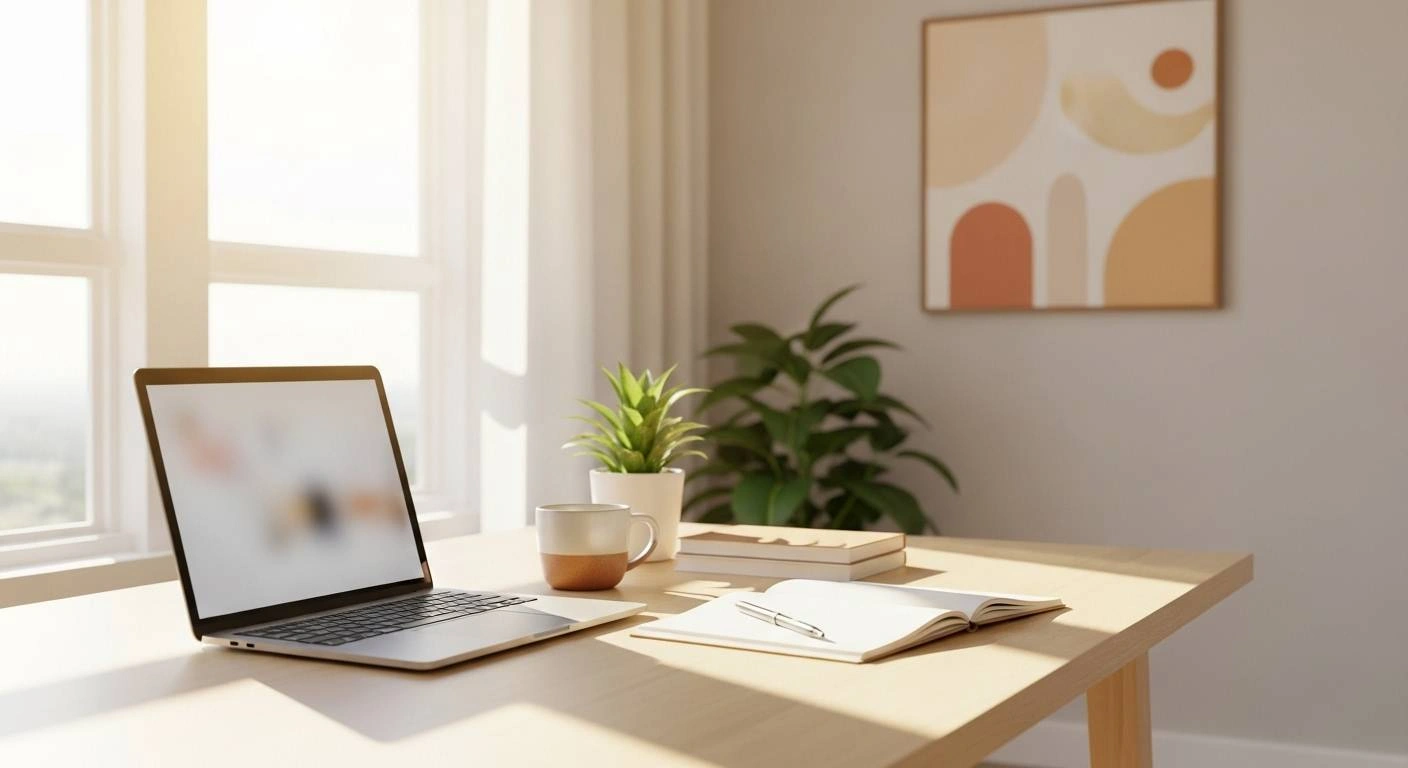 A modern workspace with a laptop, a coffee mug, and a notebook placed neatly on a wooden desk, sunlight streaming in through large windows, minimal décor with warm tones, symbolizing focus and balance.