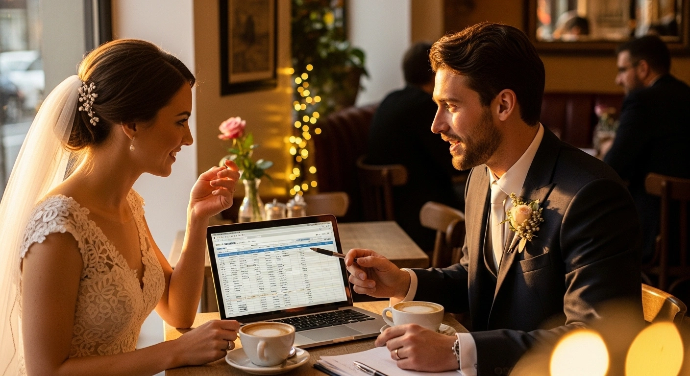 Newlywed couple in wedding attire discussing finances at a cozy cafe with a laptop and wedding budget spreadsheet, symbolizing a financial partnership after marriage.