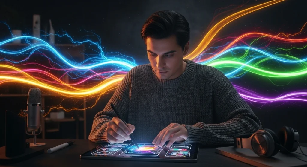 A creative remote worker sketching designs on a tablet in a stylish home studio, splashes of color glowing against a dark elegant background, symbolizing design, consulting, and creativity.