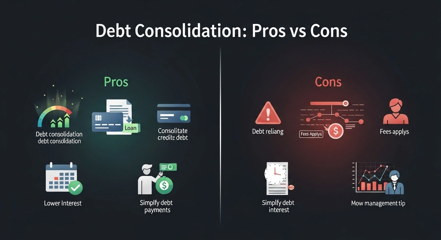 Dark-themed comparison image showing the pros and cons of debt consolidation loans with financial icons and visuals