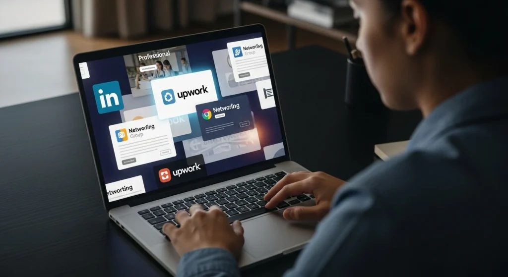 A minimalist dark workspace with motivational notes, a productivity planner, headphones, and a laptop — symbolizing focus, discipline, and growth in remote work success.