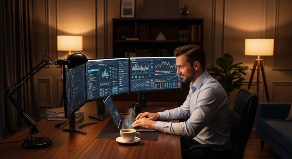 A confident professional working remotely at home, multiple screens showing coding, digital marketing dashboards, and finance charts, warm lighting in a dark elegant home office.