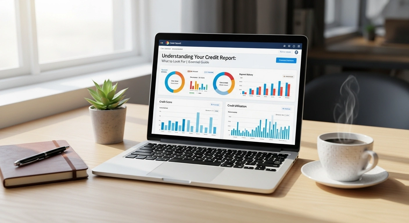 A neatly organized workspace with a laptop screen displaying a credit report dashboard, soft daylight, potted plant, coffee cup, and a professional, trustworthy vibe. Alt Text: Understanding Your Credit Report