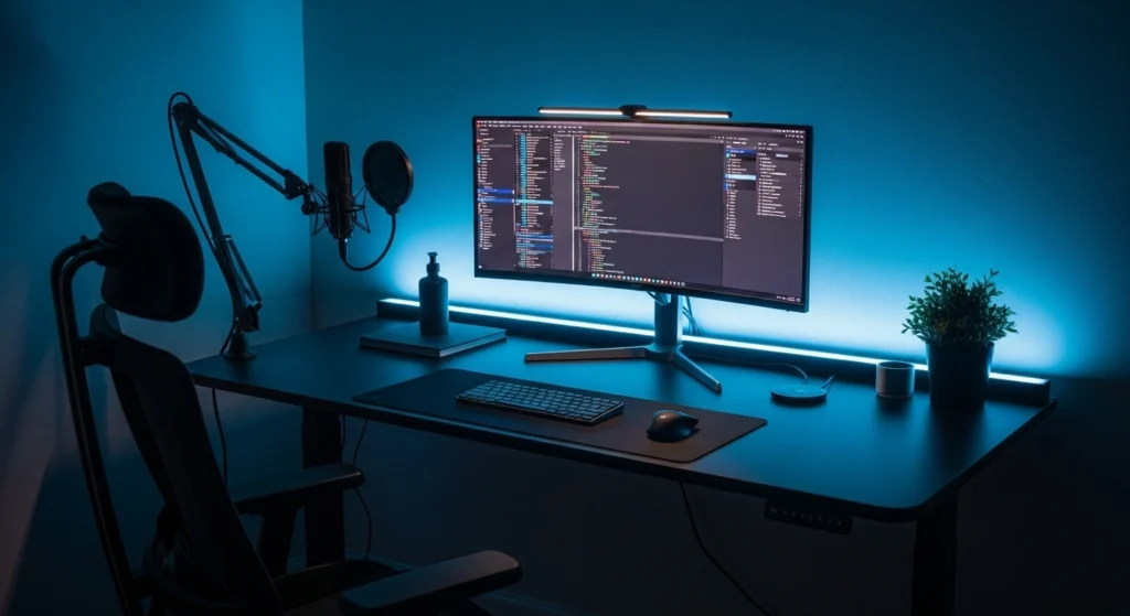 A modern ergonomic home office setup in dark tones, with glowing LED backlighting, a tidy desk, and a professional microphone for calls — symbolizing readiness for remote work.
