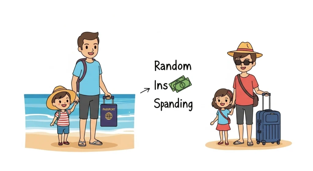 A happy family or individual enjoying a vacation on a beach with a suitcase and passport—showing planned enjoyment instead of random spending.