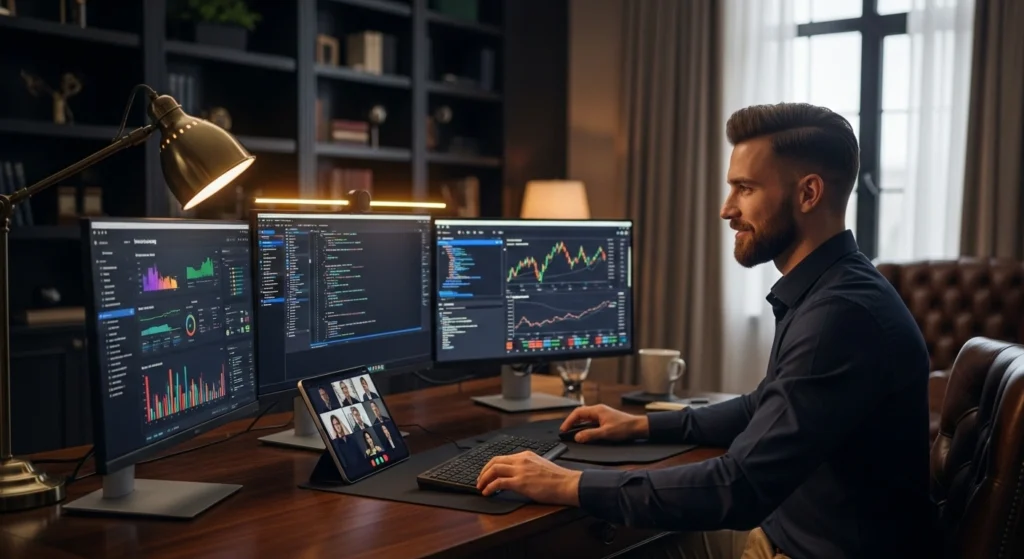A job seeker scrolling through professional job boards on a sleek laptop, glowing screens with icons of LinkedIn, freelance platforms, and networking groups in a dark elegant setting.