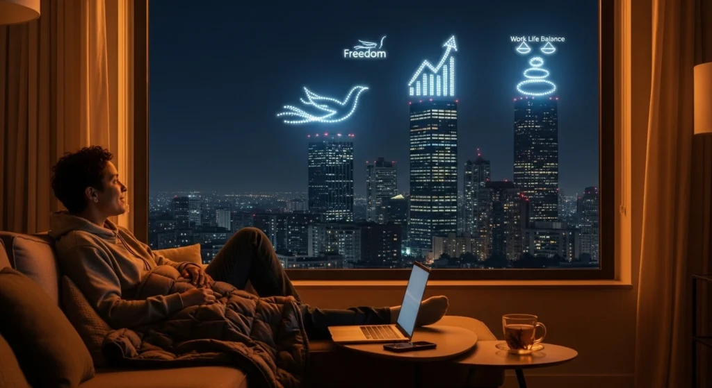 A remote worker relaxing by a laptop while overlooking a calm night city skyline, glowing lights representing freedom, financial growth, and work-life balance in 2025.