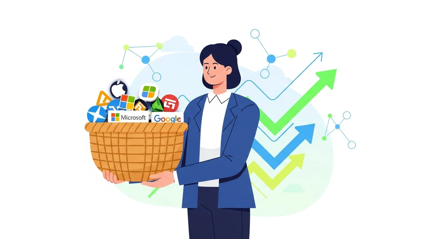 A modern financial concept illustration of a person holding a basket filled with mini logos of famous companies (like Apple, Microsoft, Google), representing mutual funds, clean flat design, bright financial theme, educational and trustworthy style.