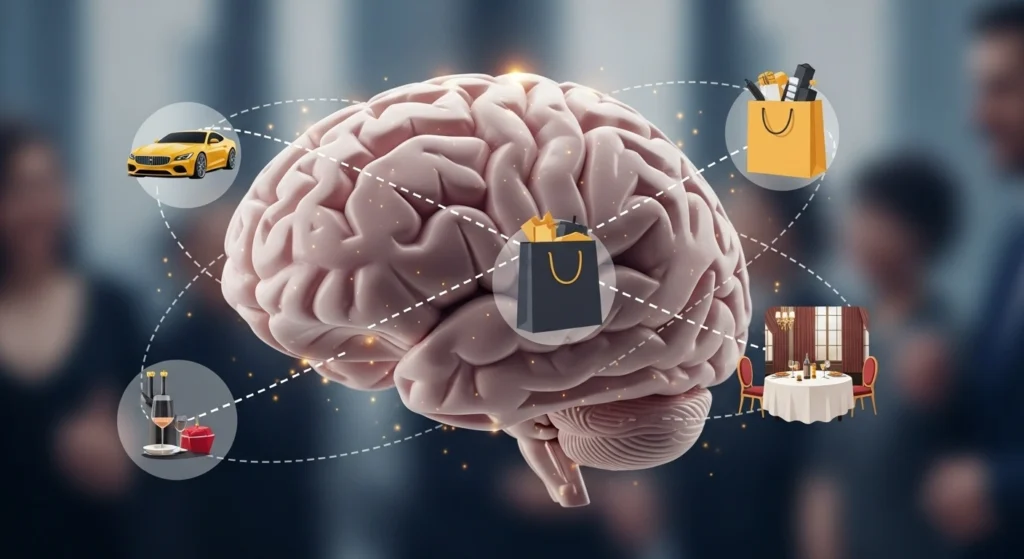 A human brain illustration with icons floating around—luxury car, shopping bag, expensive restaurant—showing psychology and social pressure influencing spending.