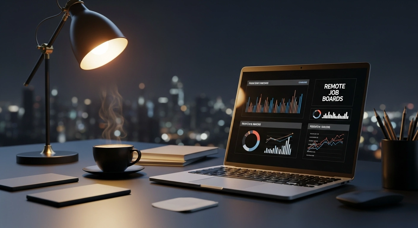 Modern dark-themed remote work setup with laptop and coffee cup representing high-paying remote jobs in 2025 Caption: A professional remote workspace symbolizing the future of high-paying work-from-home opportunities
