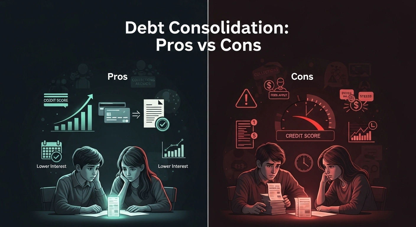 Dark-themed graphic showing medical bills impacting a credit score gauge with warning symbols