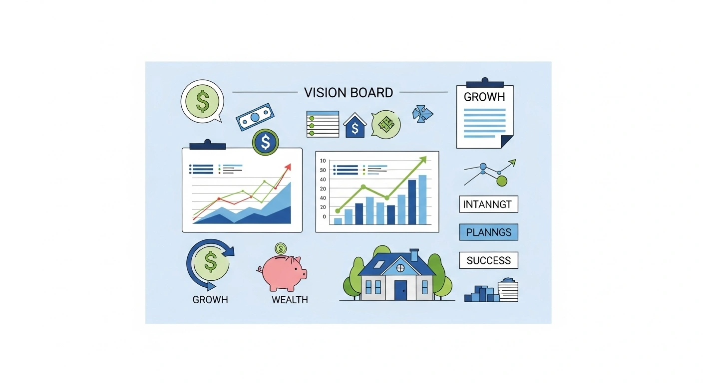 A professional financial vision board featuring charts with upward trends, icons representing wealth and investments, and motivational keywords like “Growth” and “Success” to illustrate achieving financial goals through effective financial planning.