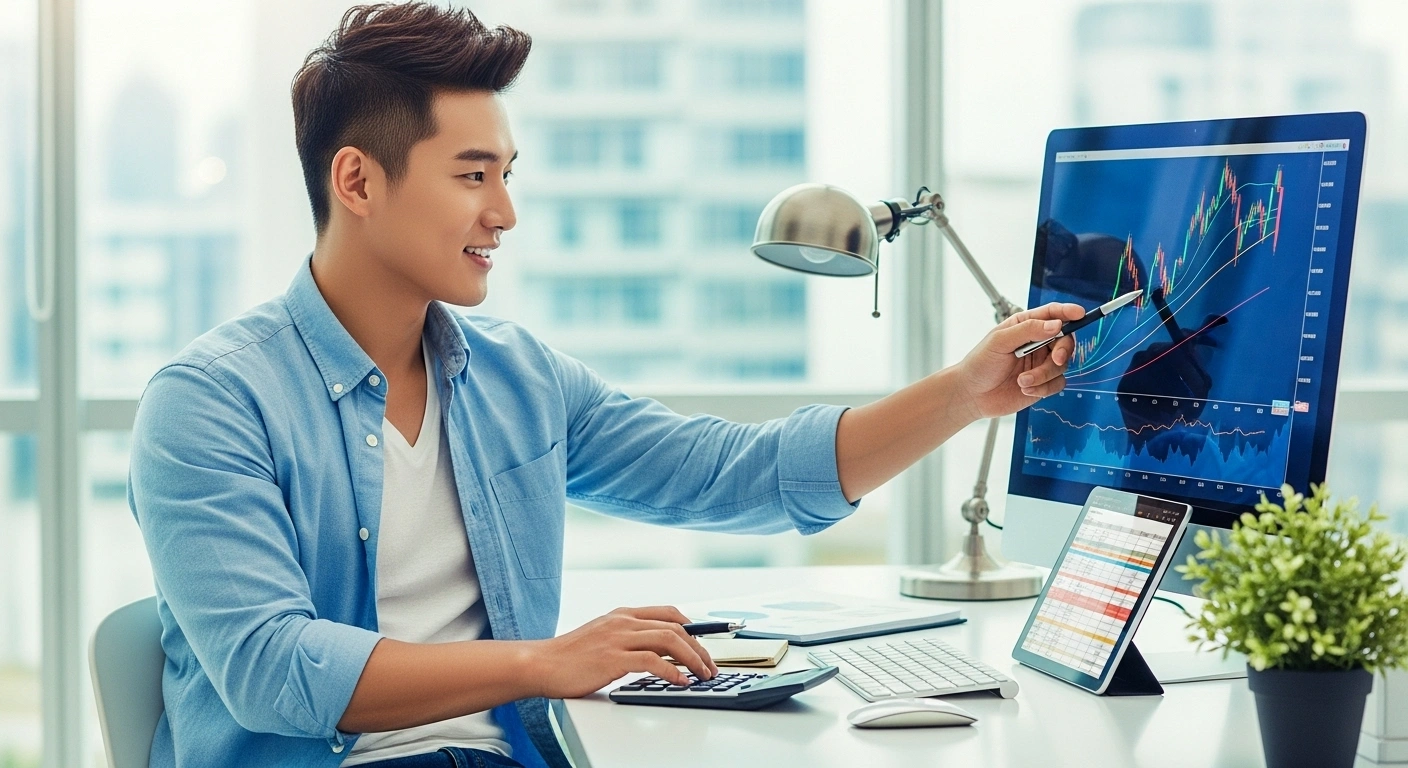 Handsome young Korean man in early 2010s casual style, engaged in financial planning with a laptop and charts, symbolizing financial literacy and empowerment