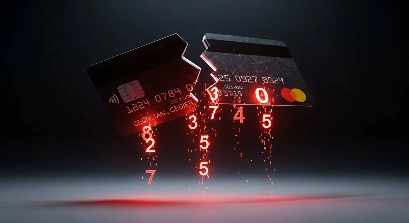 A broken credit card floating in the air with shattered glowing numbers representing a falling credit score, dark gradient background with dramatic lighting.