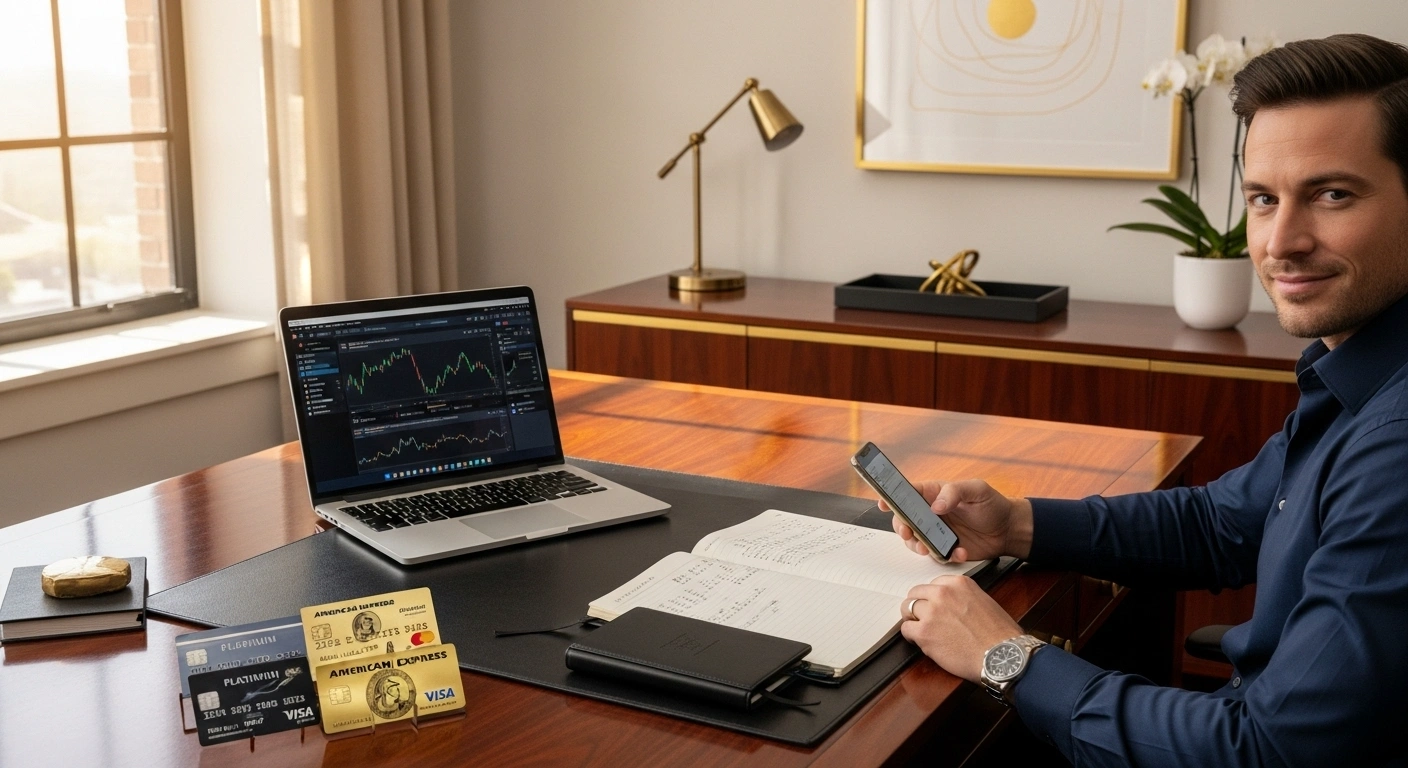 Luxurious, well-lit office with a sleek laptop, leather-bound notebook, and elegant credit cards. A confident professional sits at the desk, holding a smartphone, with gold accents, soft sunlight, and stylish décor, ultra-realistic, high-end photography style.
