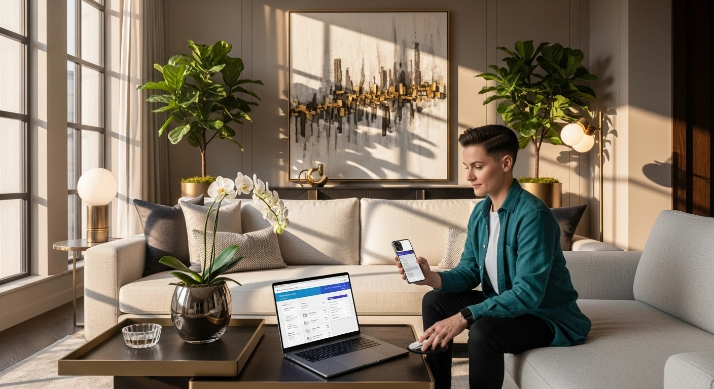A luxurious, modern living room with sunlight streaming in through large windows. A person holding a smartphone and checking utility bills on a sleek laptop. Elegant décor, soft gold accents, indoor plants, warm lighting, ultra-realistic, high-end photography style