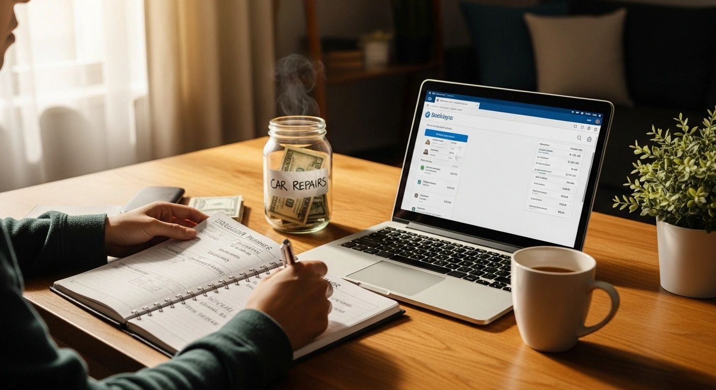 Budget planning for irregular expenses with a cash jar labeled "Car Repairs" beside a laptop showing savings transfers.