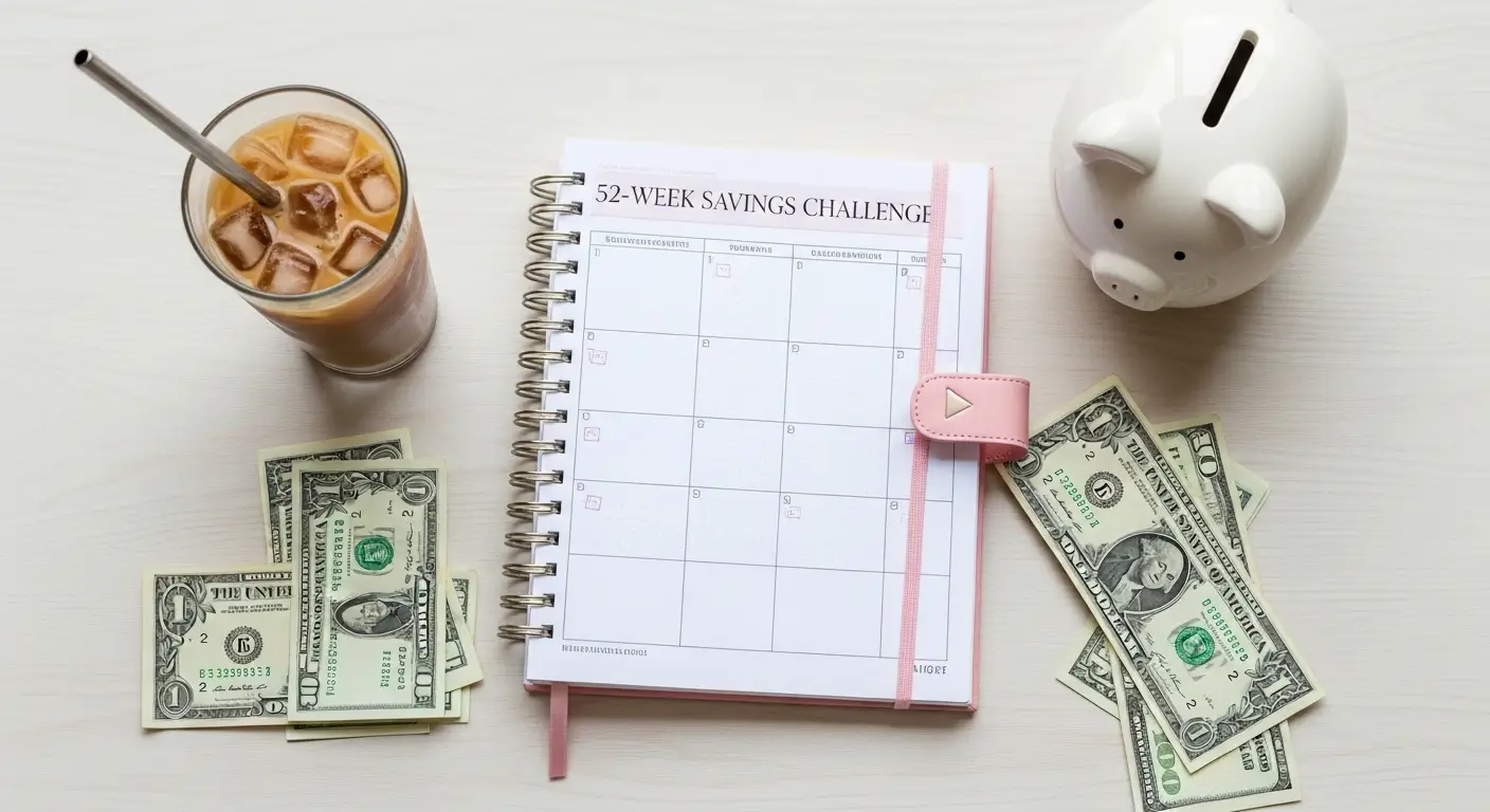 Trendy flat lay showcasing the 52-week savings challenge for beginners with money-saving hacks.”